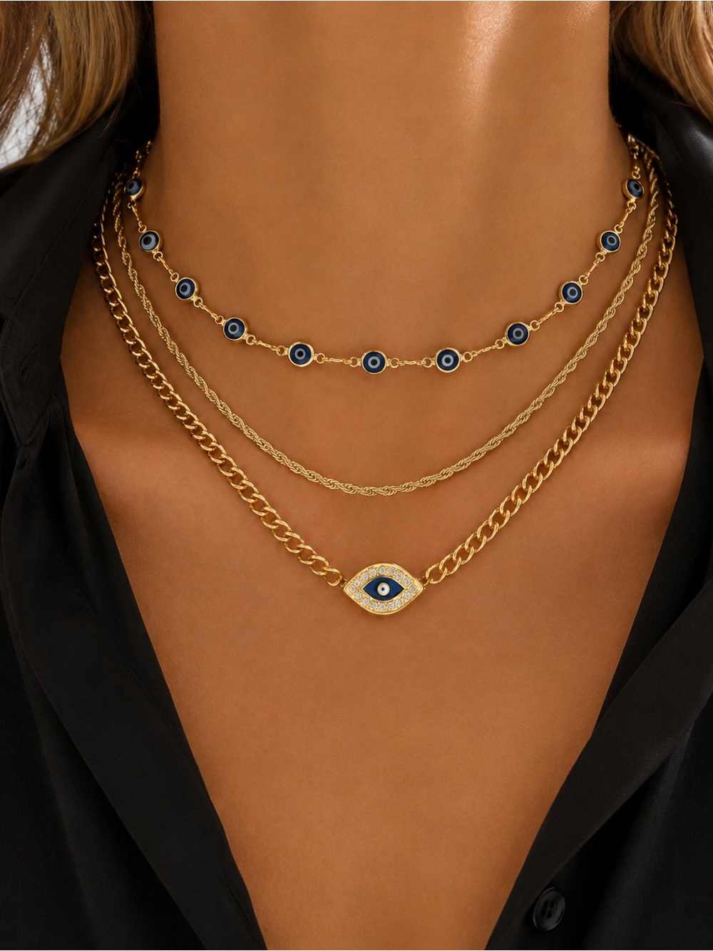 Triple Layered Blue Evil Eye Necklace
